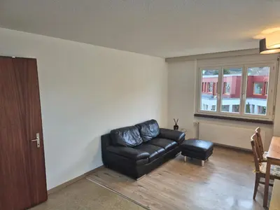 a living room with a leather couch and a window at SwissRest - Self Check-In in Sevelen