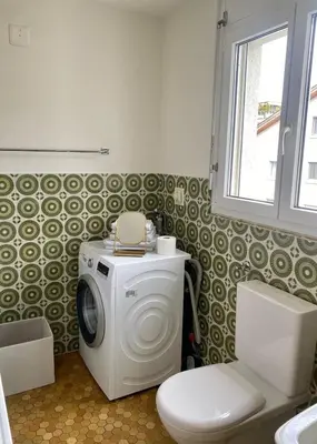 a bathroom with a washing machine and a toilet at SwissRest - Self Check-In in Sevelen