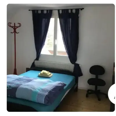 a bedroom with a bed with a window and a chair at Holzchalet mit Garten und Terrasse in Egnach