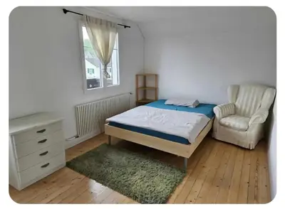 a bedroom with a bed and a chair and a desk at Holzchalet mit Garten in Egnach