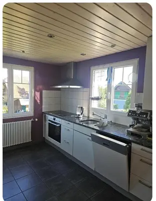 a kitchen with white appliances and purple walls and windows at Holzchalet mit Garten in Egnach
