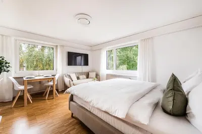 a bedroom with a bed and a desk and two windows at SOHO3A !Gratis Parken, Free Parking! in Kreuzlingen