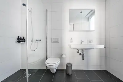 a white bathroom with a toilet and a sink at DESIGN-APARTMENT 1 !Gratis parken, Free Parking! in Kreuzlingen