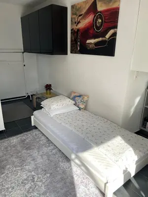 a bed in a room with a painting on the wall at 1-room studio apartment in St. Gallen