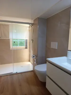 a bathroom with a toilet and a shower and a sink at Gästehaus Rossfall 424 - Self-Check-in in Urnäsch