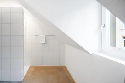 a white bathroom with a shower and a window at BLIV Grosszügiges Altbaujuwel im Zentrum in St. Gallen