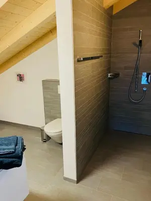 a bathroom with a shower and a toilet at Ferienwohnung mit Sauna in Wildhaus in Wildhaus