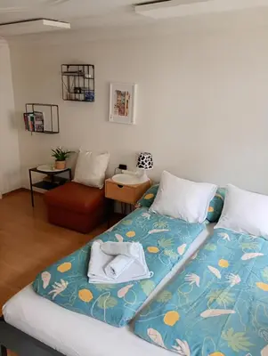 a bedroom with a bed with a blue blanket at Central tiny studio in St. Gallen