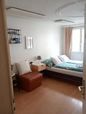 a bedroom with a bed and a chair and a window at Central tiny studio in St. Gallen