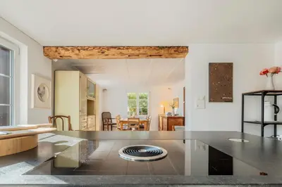 a kitchen and living room with a counter top at Das aussergewöhnliche Gäste- und Ferienhaus in Güttingen