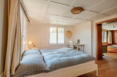 a bedroom with a bed with blue sheets and a window at Das aussergewöhnliche Gäste- und Ferienhaus in Güttingen