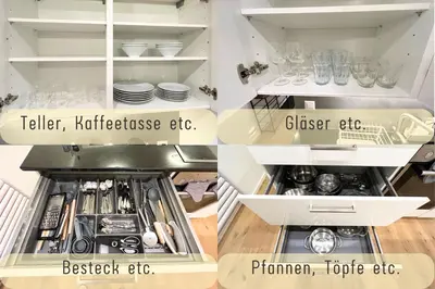 two collage of photos of a kitchen with the open cabinets at Jasminkas Host 3 - Stadtwohnung mit Küche & gratis Parkplatz in St. Gallen