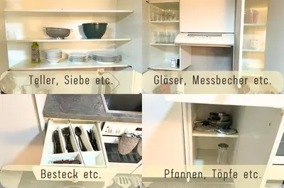 a collage of photos of a kitchen with different items at Gemütliche Souterrainwohnung mit gratis Parkplatz in St. Gallen