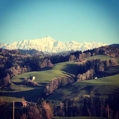 an aerial view of a field with mountains in the background at Alte Näherei in Degersheim