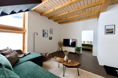 a dog laying on a rug in a living room at Louisa's Gallery - Modernes Apartment mit Whirlpool und Bergblick - Nahe Piste, Loipe und Wanderparadies im Toggenburg in Alt Sankt Johann