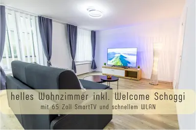 a living room with a couch and a tv at Modern 80qm Flat with Balcony & free Parking in St. Gallen