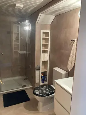 a bathroom with a shower and a toilet and a sink at Dachwohnung in Niederuzwil