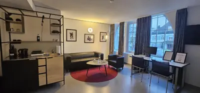 a living room with chairs and a red rug at RS Boardinghouse Self Check-In Free Parking in St. Gallen
