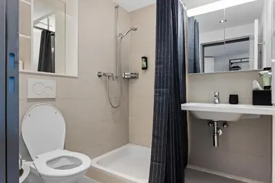 a bathroom with a toilet and a sink and a shower at RS Boardinghouse Self Check-In Free Parking in St. Gallen