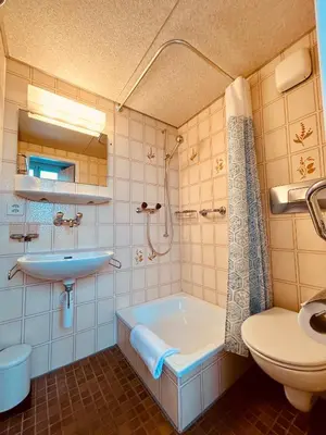 a bathroom with a tub and a sink and a toilet at Romantic Room, Private Bathroom and Great View in Heiden