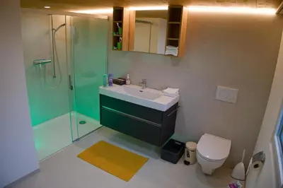 a bathroom with a sink and a shower and a toilet at BnB Sonder in Urnäsch