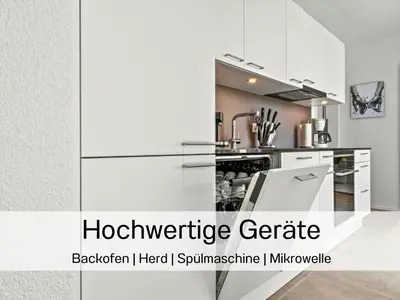 a kitchen with white appliances and the words residence centre at Ferienhausträume Bergstrasse Bodensee - inkl Tiefgarage, Garten und Dachterrasse in Kreuzlingen