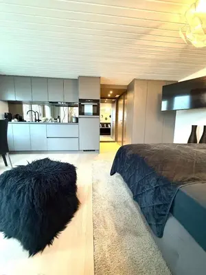 a bedroom with a large bed and a kitchen at Luxus Studio Apartment am Bodensee in Güttingen
