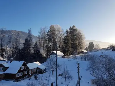 a village covered in snow with houses and trees at Apartment Ferien im Toggenburg by Interhome in Krummenau
