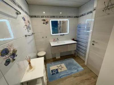 a bathroom with a sink and a mirror and a shower at Apartment Hälmli by Interhome in Heiden