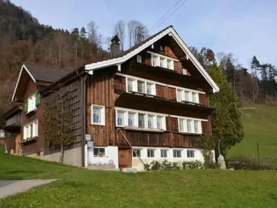 a large wooden house sitting on top of a field at Apartment Breiten by Interhome in Brunnadern