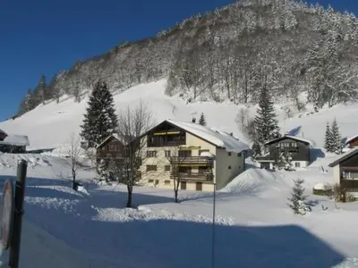 a house in the snow in front of a mountain at Apartment Weiherhof by Interhome in Wildhaus