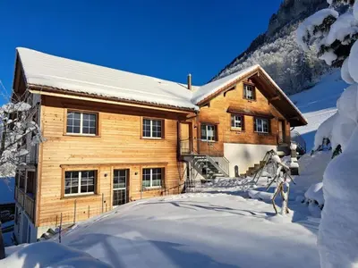 a log cabin in the snow with snow covered at Apartment Ferien im Gugger - Wohnung Stockberg by Interhome in Nesslau