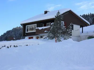 a house covered in snow with a tree in front at Apartment Casa Uccello by Interhome in Wildhaus