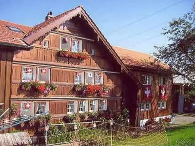 a large wooden house with flowers in front of it at Apartment Bauernhof ufem Berg by Interhome in Herisau