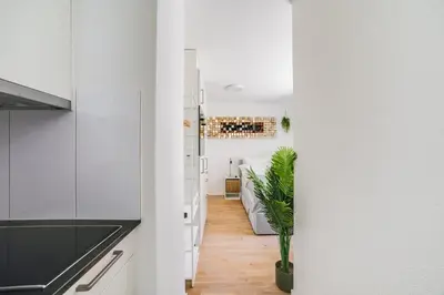 a kitchen with white cabinets and a potted plant at Urban Hideaway Studio St Gallen Center in St. Gallen