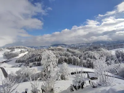 a view of a snow covered field with trees at Ihre Wohlfühloase in Schwellbrunn