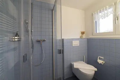 a blue tiled bathroom with a shower and a toilet at Studio Muerner in Wildhaus