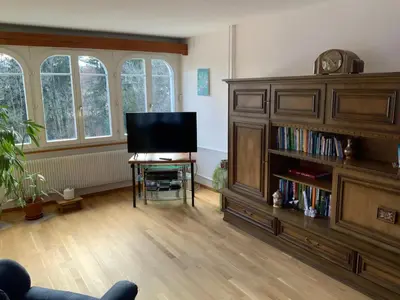 a living room with a television and a book shelf at Appenzellerland Schöne Wohnung in einem Wandergebiet in Teufen