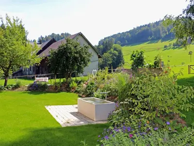a garden with a box in the middle of a yard at Apartment Bauernhaus VordereAu by Interhome in Schwellbrunn