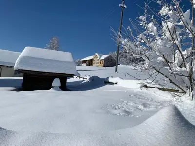 a pile of snow on a yard with a house at Apartment nirkwerk by Interhome in Schönengrund