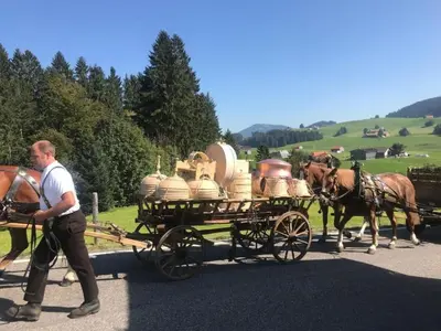a man is pulling a horse drawn carriage at Apartment nirkwerk by Interhome in Schönengrund