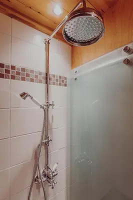 a bathroom with a shower with a glass door at Holiday Home Lindeli by Interhome in Sankt Peterzell