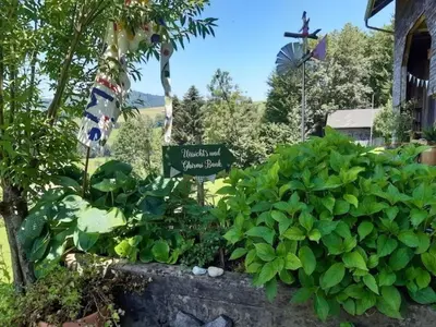 a garden with a sign and some plants at Holiday Home Haus Chrumis by Interhome in Sankt Peterzell
