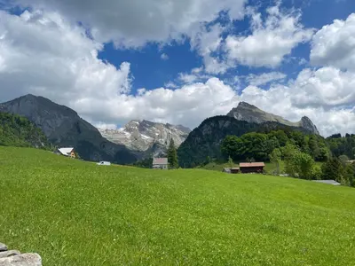 a field of green grass with mountains in the background at Holiday Home Bijou in Unterwasser by Interhome in Unterwasser