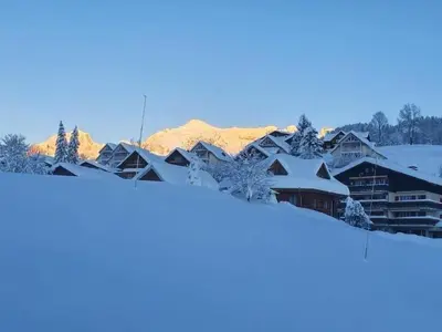 a resort covered in snow with a mountain in the background at Apartment Bergsicht by Interhome in Wildhaus