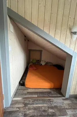 an orange bed in a room with wooden walls at Apartment Sweet Home by Interhome in Wildhaus