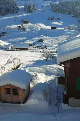 a village covered in snow next to a building at Apartment Studio Friedegg by Interhome in Wildhaus