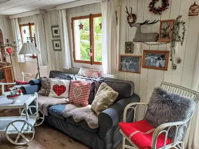 a living room with a woodburning stove and a couch at Holiday Home Chalet Chic-Hot Pot by Interhome in Wildhaus