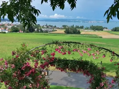 an arch with pink flowers in a field at Apartment Studio Ferienwohnung - 38 m2- mit Gartennutzung by Interhome in Bottighofen