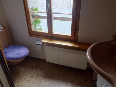 a bathroom with a window and a toilet and a sink at Holiday Home das schiefe Haus by Interhome in Oberschan
